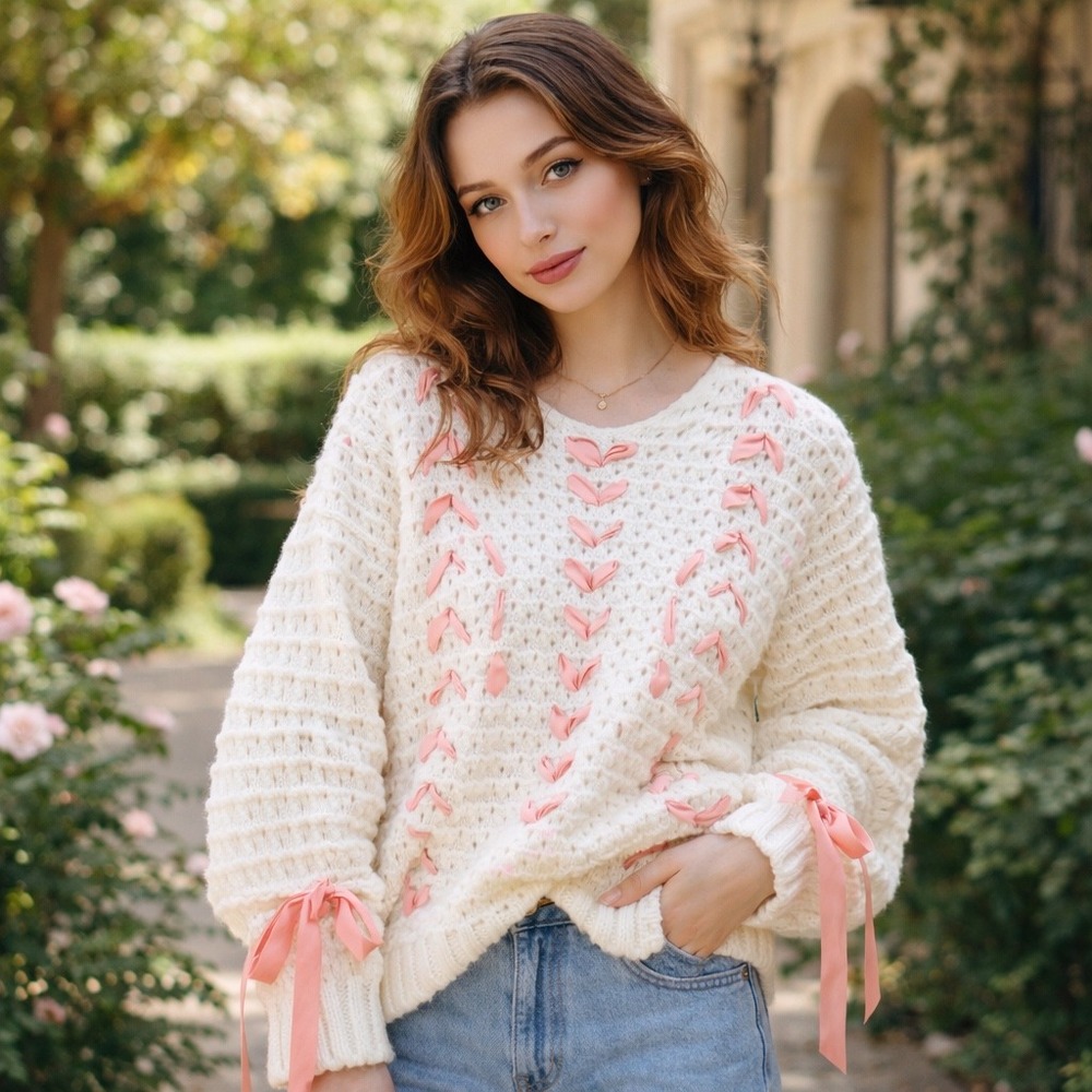 For Love & Lemons Pink Ribbon Lace Up Pointelle Sweater Ivory White KFA23T202 S